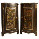 PAIR of Small Scale Black Lacquered Corner Cupboards Marble Tops