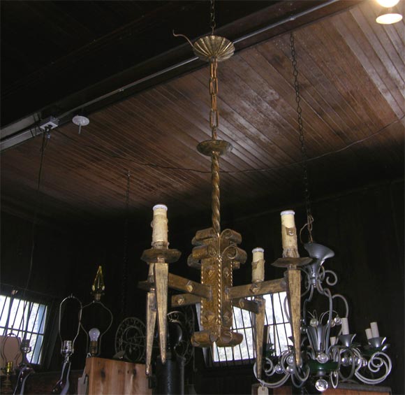 French 1940's four arm gilt metal Brutalist style chandelier.