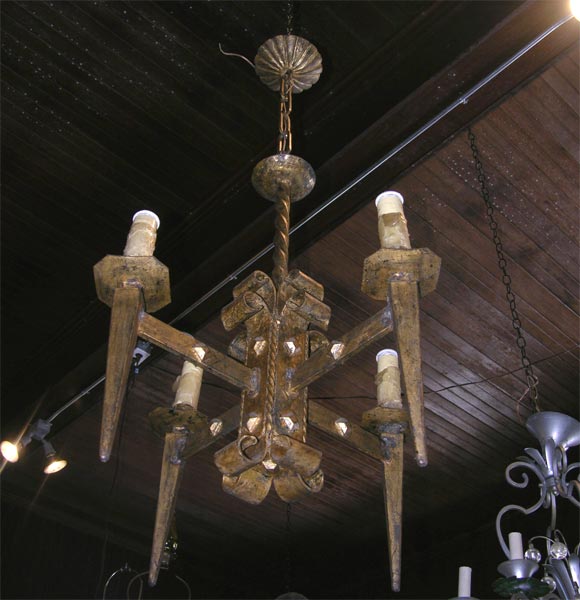 French Gilt Metal Brutalist style Chandelier, 1940s In Excellent Condition For Sale In Stamford, CT