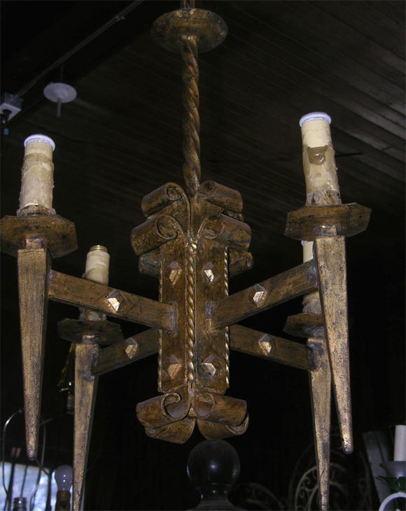 Mid-20th Century French Gilt Metal Brutalist style Chandelier, 1940s For Sale