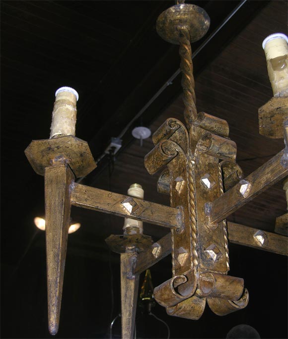 French Gilt Metal Brutalist style Chandelier, 1940s For Sale 2