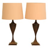 A Pair of Patinated Bronze Modernist Urn Lamps with Linen Shades