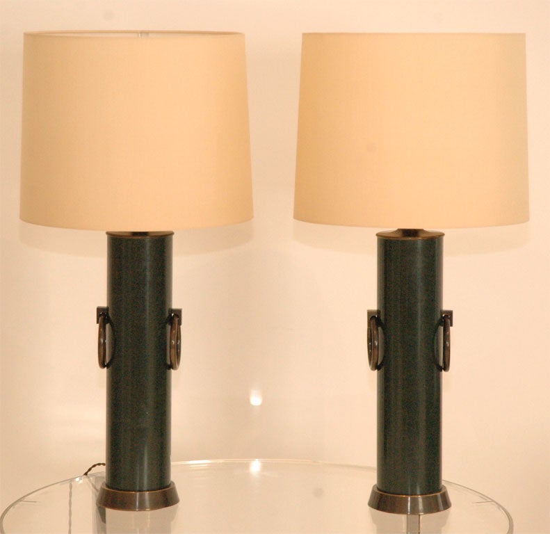 A Handsome Pair of Patinated Bronze and Green Painted Lamps
