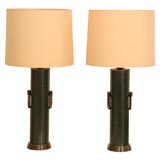 A Handsome Pair of Patinated Bronze and Green Painted Lamps A Handsome Pair of Patinated Bronze and Green Painted Lamps