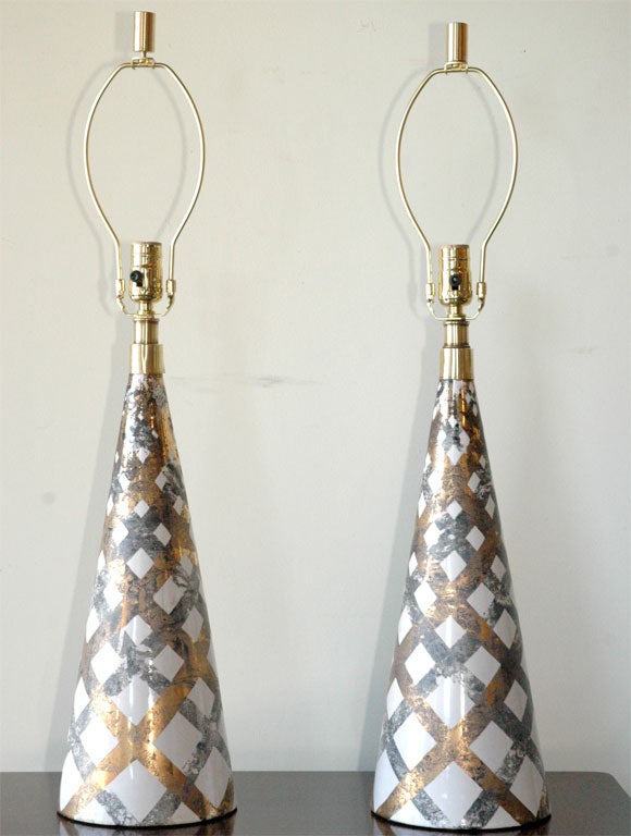 Pair of Ceramic Lamps with Gold & Grey Lattice