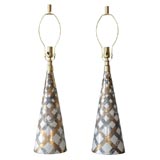 Pair of Ceramic Lamps with Gold & Grey Lattice