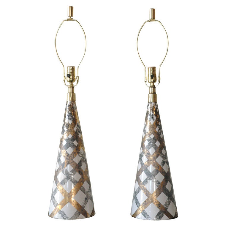 Pair of Ceramic Lamps with Gold and Grey Lattice at 1stdibs