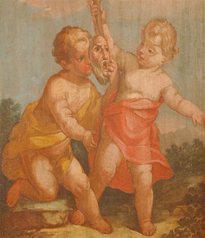 Italian Pair of oils on panel, paintings of putti For Sale