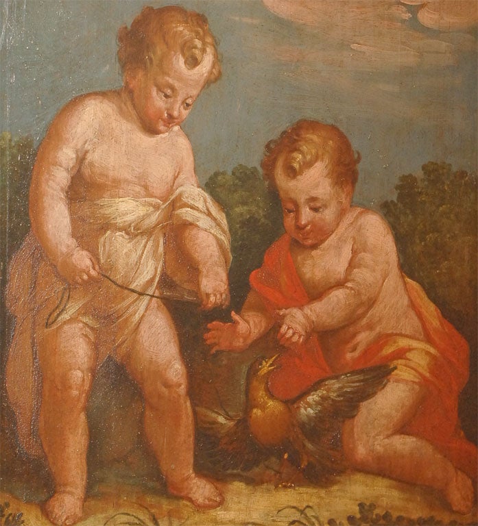 Pair of oils on panel, paintings of putti In Good Condition For Sale In San Francisco, CA