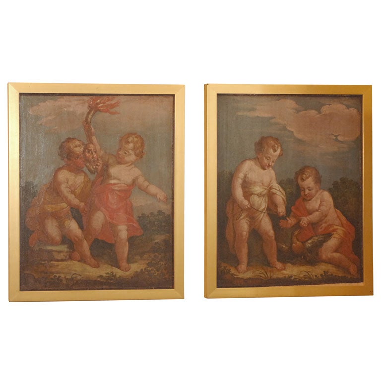 Pair of oils on panel, paintings of putti For Sale