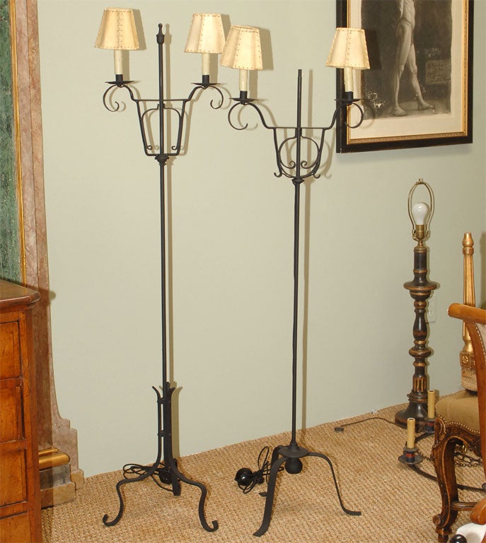 Near Pair of English Castillian Torchere Floor Lamps