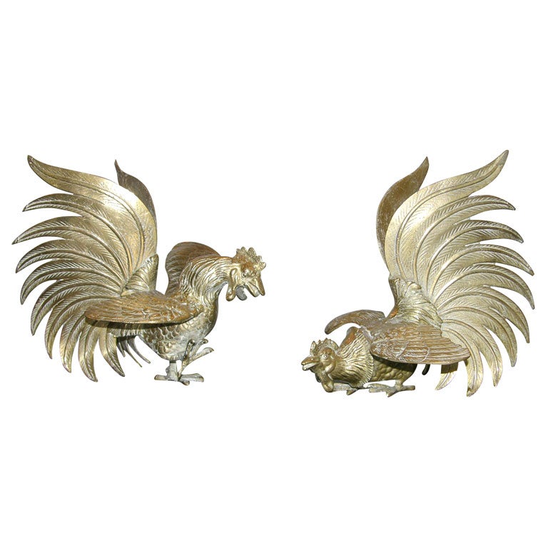 Pair of  Brass  Fighting Roosters