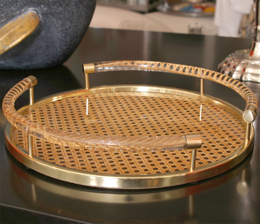 Lucite, Cane, and Brass Serving Tray