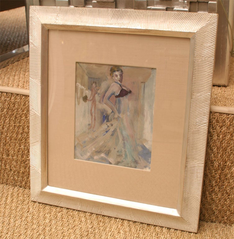 Cette œuvre d'art sensuelle et érotique de Leo Engels, unique en son genre, date de la période Art Deco. Il s'agit d'une combinaison de gouache et d'aquarelle. Il s'agit de la Belgique. Il y a de beaux tons pastel mélangés à une touche d'aubergine