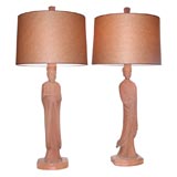 Pair of Solid Raw Wood Chinese Figurative Lamps