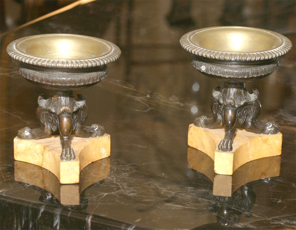 A beautiful pair of Charles X bronze tazza on Sienna marble bases. The pair in a unusual form not often seen.