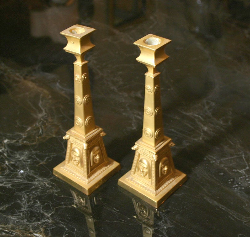 Pair of Gilt Bronze Egyptian Revival Candlesticks In Good Condition For Sale In Hudson, NY