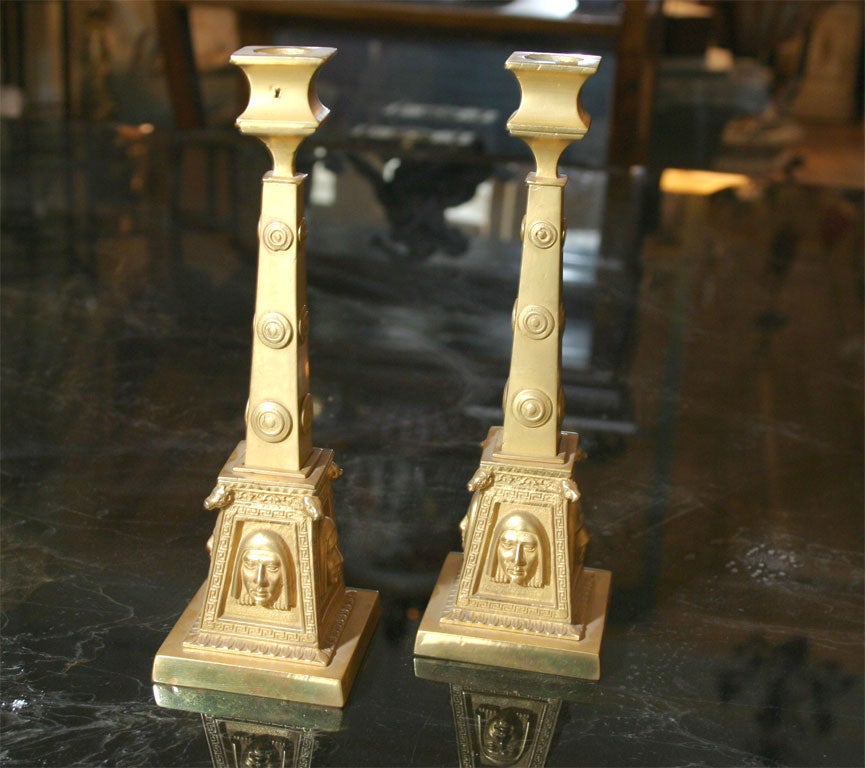 19th Century Pair of Gilt Bronze Egyptian Revival Candlesticks For Sale