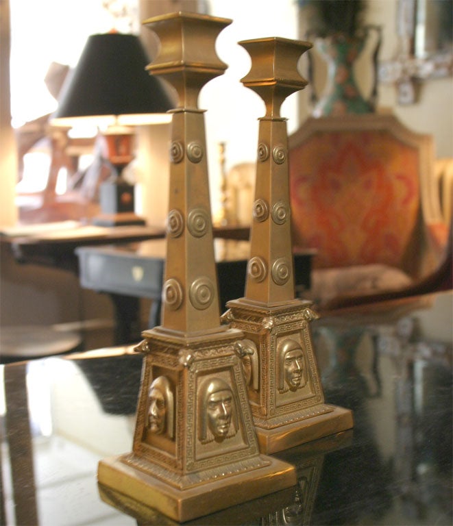 Pair of Gilt Bronze Egyptian Revival Candlesticks For Sale 1