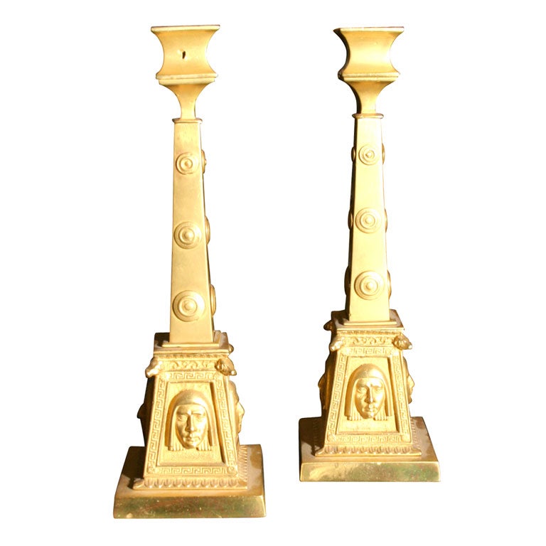 Pair of Gilt Bronze Egyptian Revival Candlesticks For Sale
