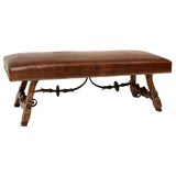 19th C. Spanish Carved Oak & Leather Bench