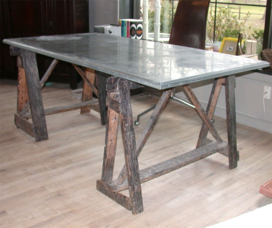 A great desk with a zinc top and old trestle base