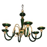 Green glass and brass six light chandelier