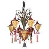 Painted iron chandelier with decorated parchment shades