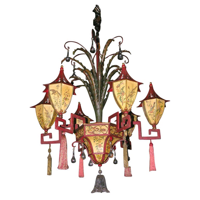 Painted iron chandelier with decorated parchment shades