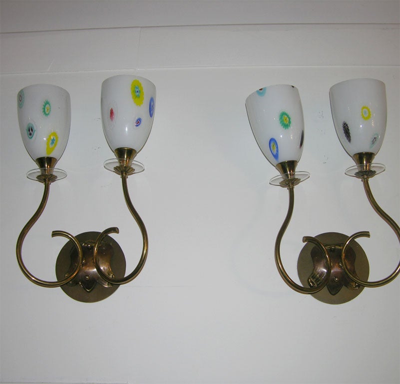 #3718 Brass and Colored Glass Double Arm Sconces
