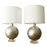 Pair of designer nickel plated steel lamps, lucite bases.