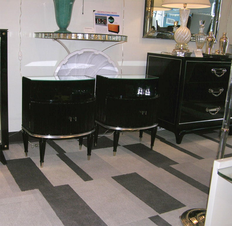 Pair of Black Lacquered & Silver Leaf Fluted End Tables