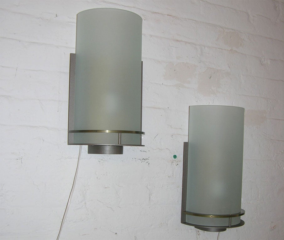 Mid-Century Modern Pair of French Sconces with Frosted Green Glass by Andree Putman, circa 1980