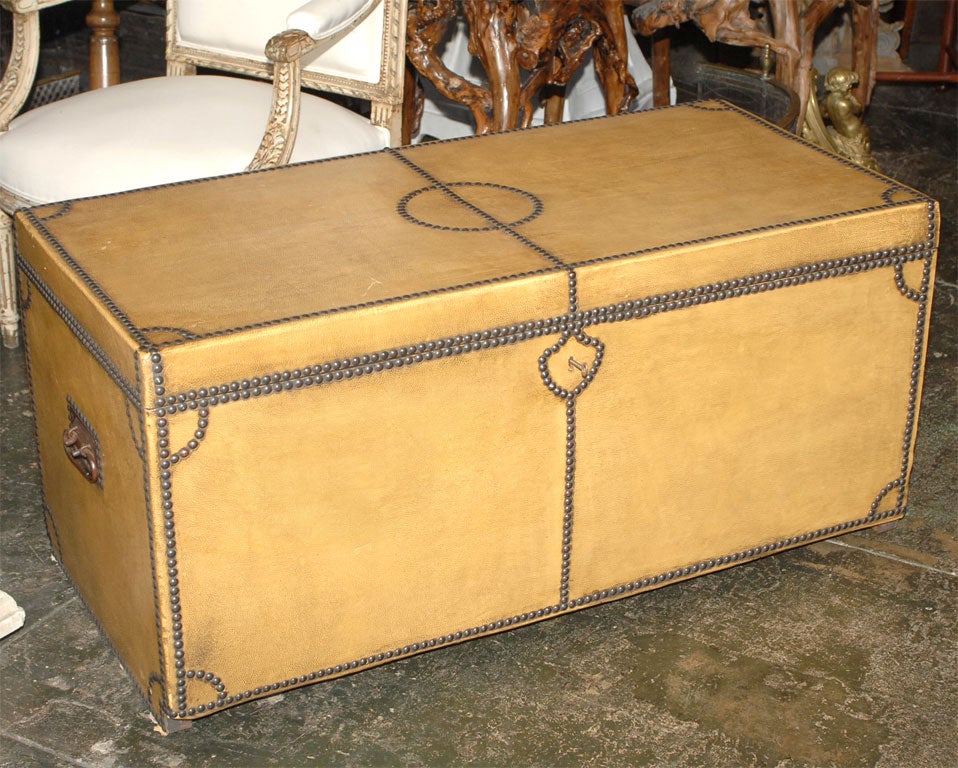 19th Century Leather-Covered Pine Trunk with Steel Tacks