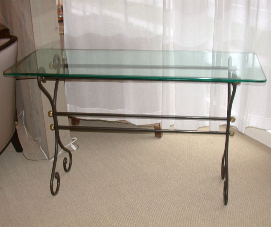Mid-20th Century Wrought Iron Console Table with Glass Top