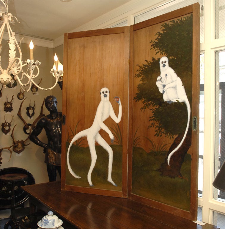 Japanese Screen Painted with Lemurs by Amos Shontz