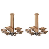 Pair of Art Deco Chrome and Amber Glass Six Light Chandeliers