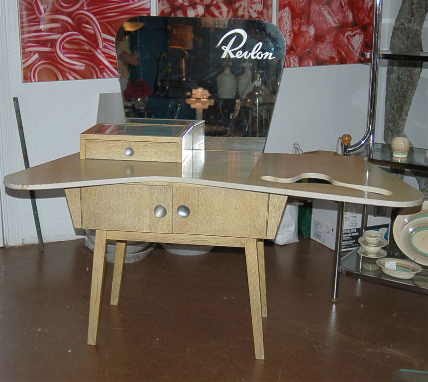 Very unusual Revlon make up table in pickled oak. Would make a fabulous vanity or a funky desk!