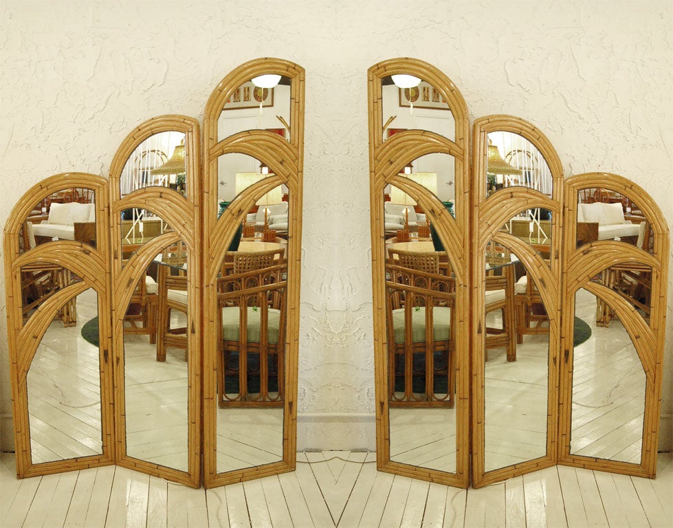 Pair of Mirrored Rattan Screens