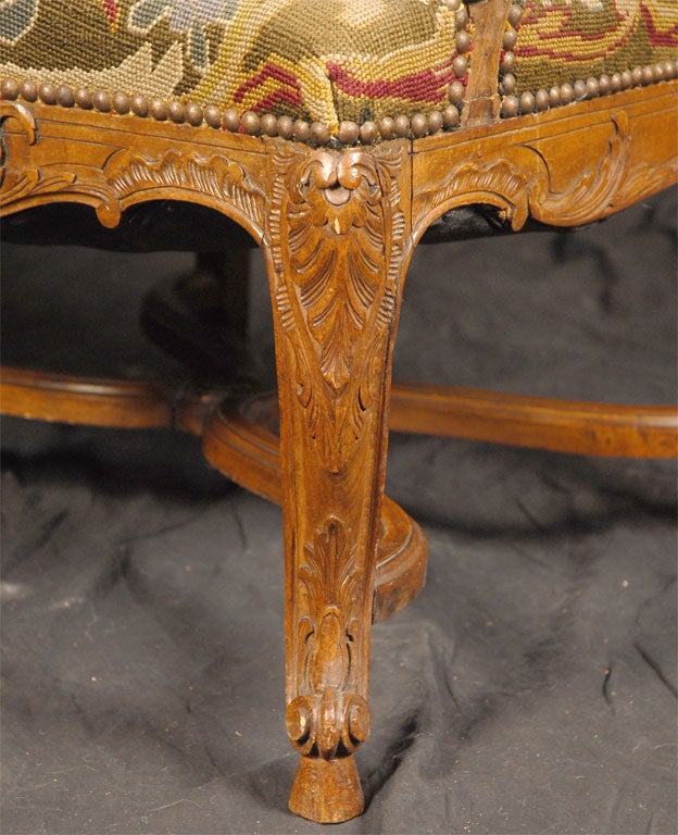 Louis XV Walnut Fauteuil with Needlepoint Tapestry, c. 1880