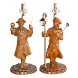 Pair Carved Wood Folk Figural Lamps