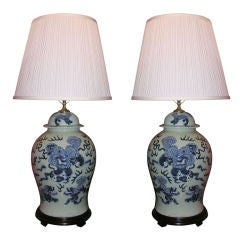 Pair of Blue and White Temple Jars Lamps 11