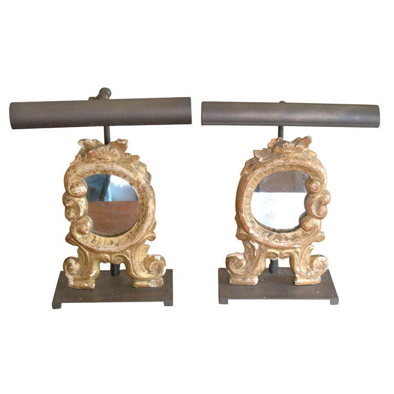 Miniature Louis XV Mirrors Mounted on Bronze Bases and with Picture Lights For Sale