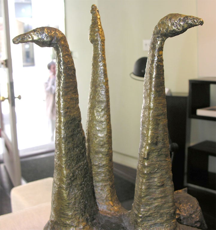 20th Century Abstract Bronze Sculpture of Birds on Wooden Base For Sale