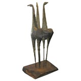 Abstract Bronze Sculpture of Birds on Wooden Base