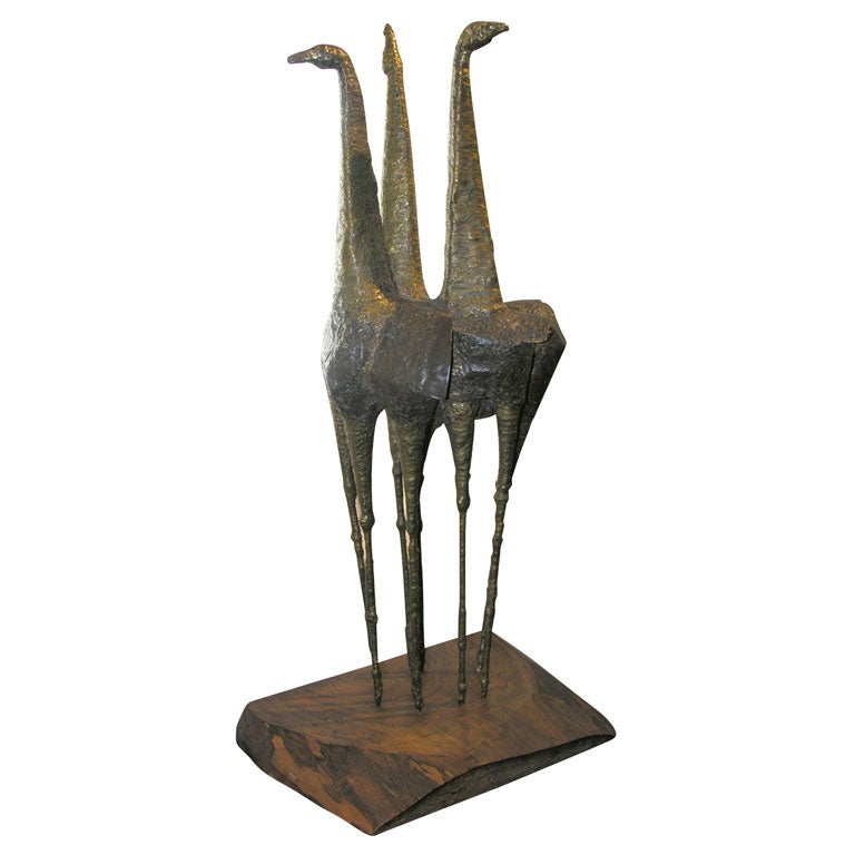 Abstract Bronze Sculpture of Birds on Wooden Base For Sale