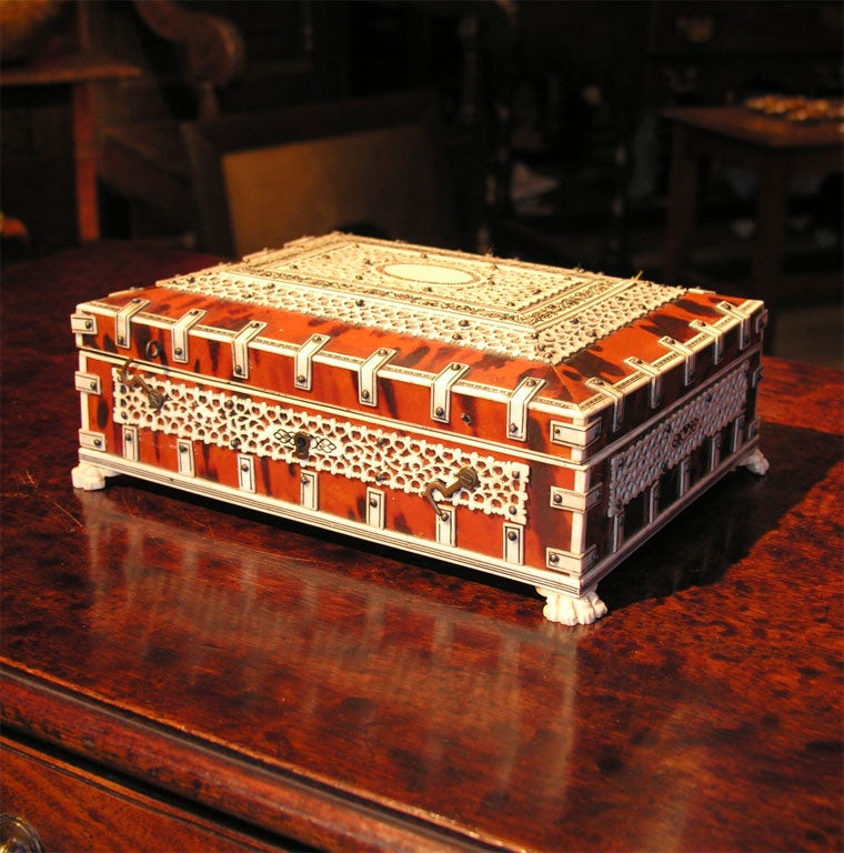 Wonderful Anglo-Indian red tortoiseshell and ivory carved mid-19th C jewel box.