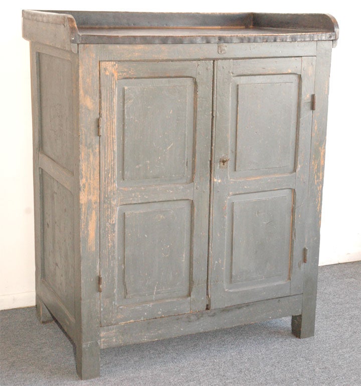 19THC ORIGINAL GREY PAINTED JELLY CUPBOARD -GREAT FORM  WITH UNUSUAL TIN COUNTER TOP . FOUND IN MAINE