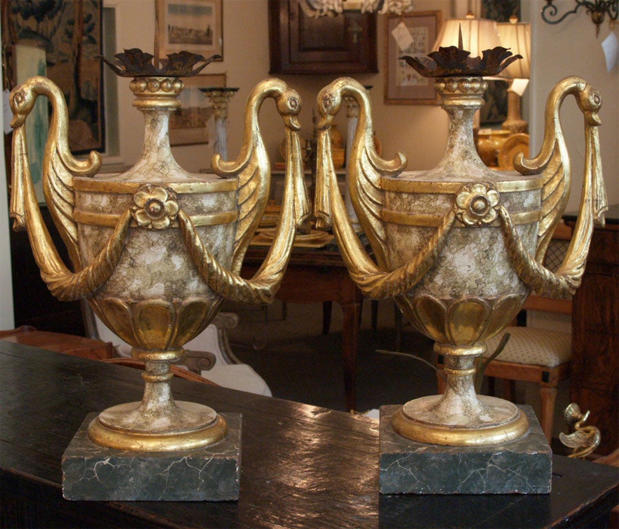Pair of Italian carved vase formed pricket candlesticks