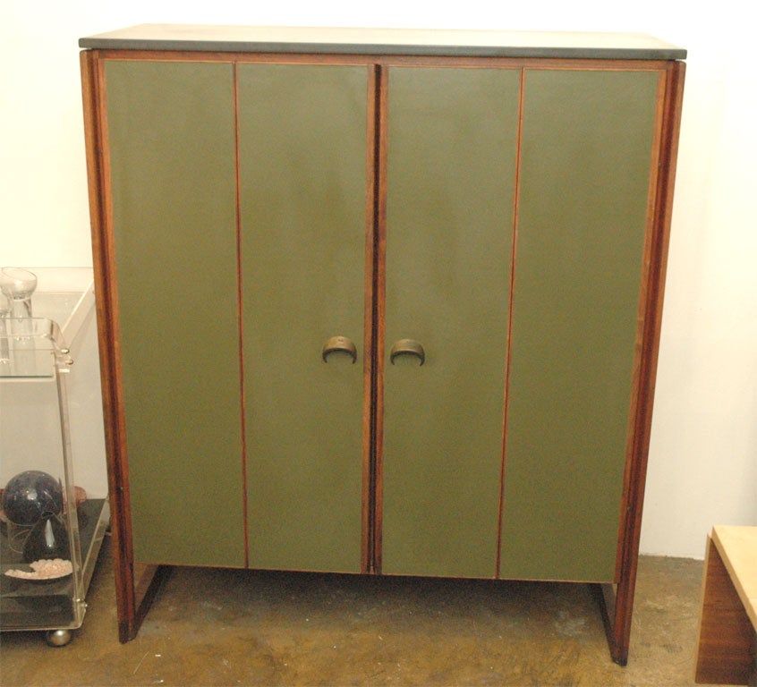 Jens Risom rosewood and green leather bar/ cabinet